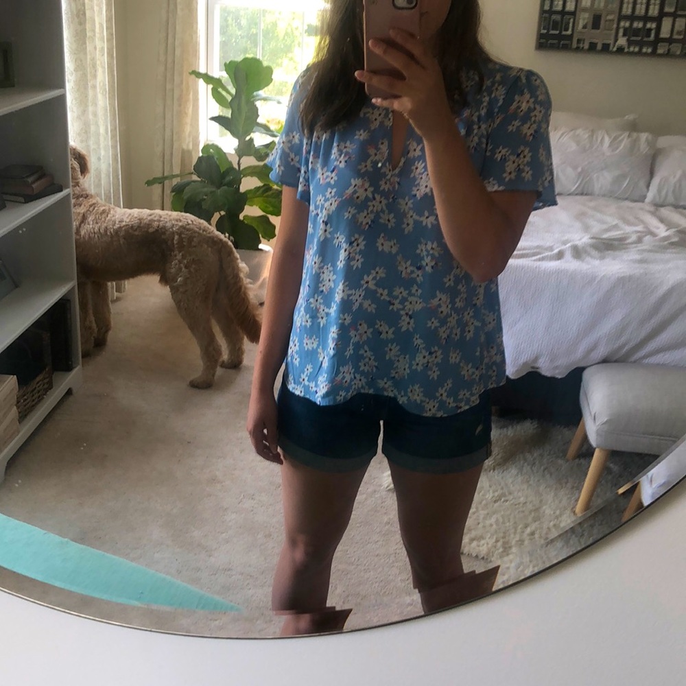 Blue floral cap sleeve blouse